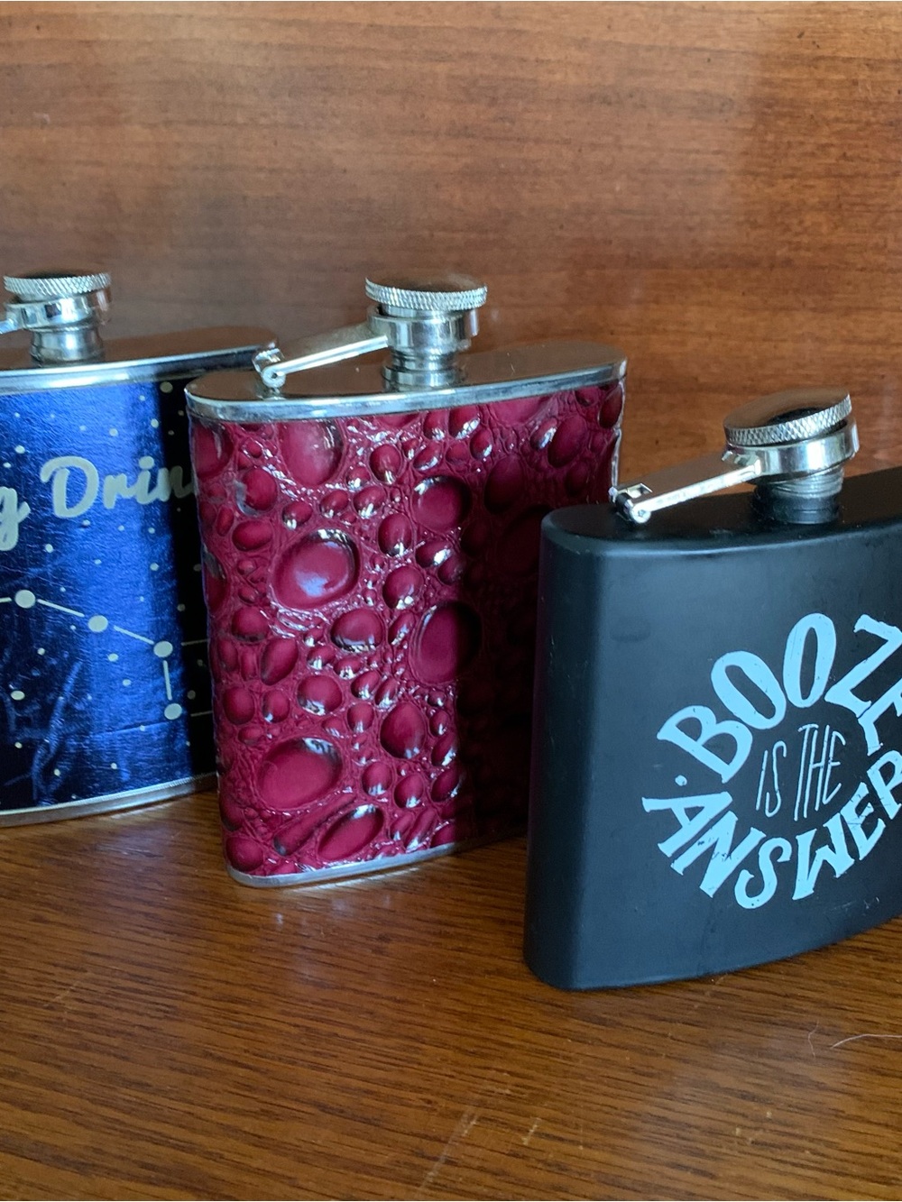 Set of 3 Decorative Pocket Flasks - Black, Burgundy, Navy